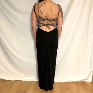Jovani Backless Beaded Straps Slit Dress Black